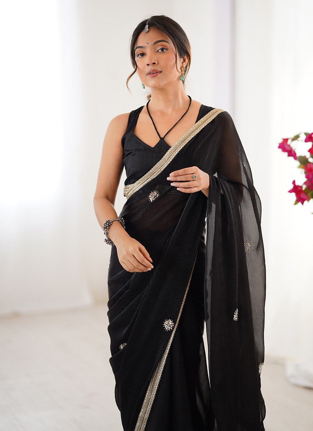 Black Fandy Contemporary Saree Beads, Sequins S16228