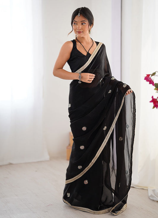 Black Fandy Contemporary Saree Beads, Sequins S16228