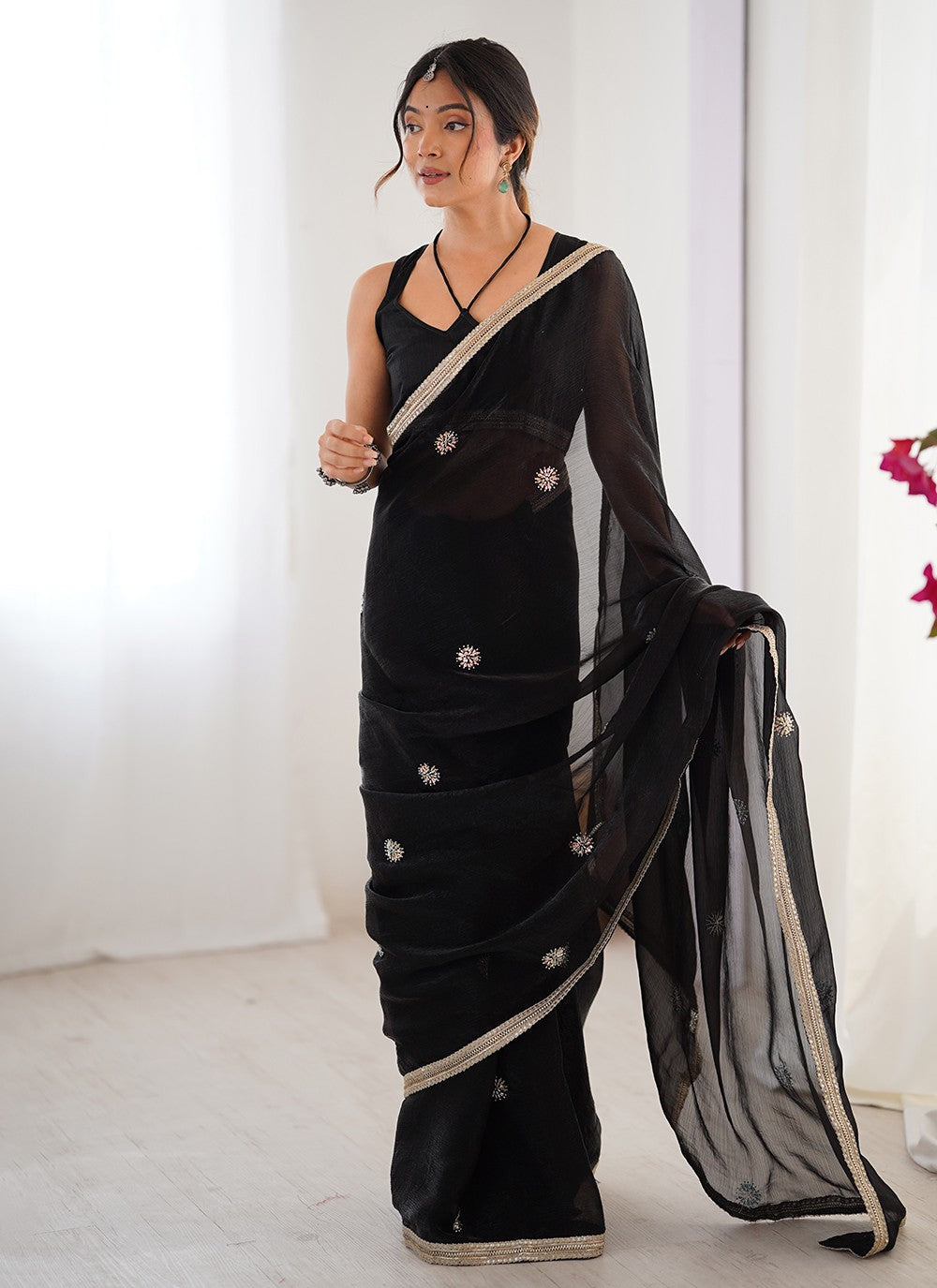 Black Fandy Contemporary Saree Beads, Sequins S16228