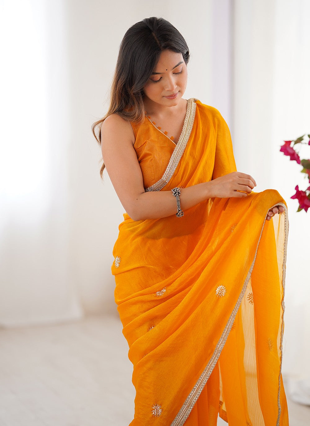 Yellow Fandy Classic Saree Beads, Sequins S16232