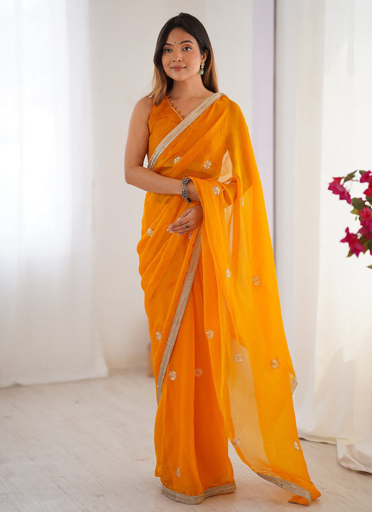 Yellow Fandy Classic Saree Beads, Sequins S16232