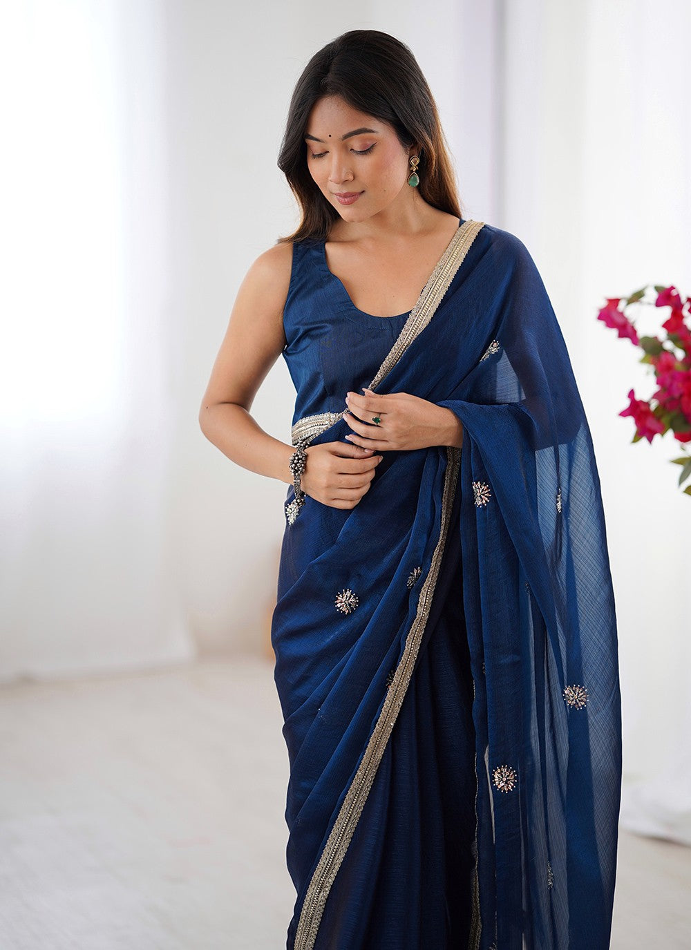 Blue Fandy Contemporary Saree Beads, Sequins S16231