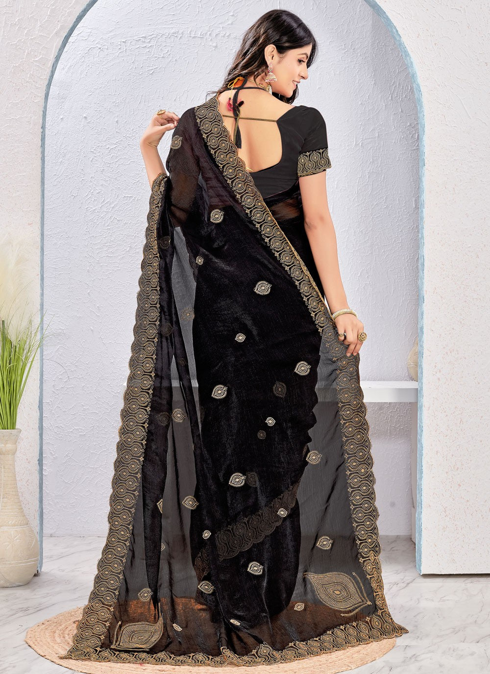 Black Fandy Classic Saree Embroidered, Zari S16876