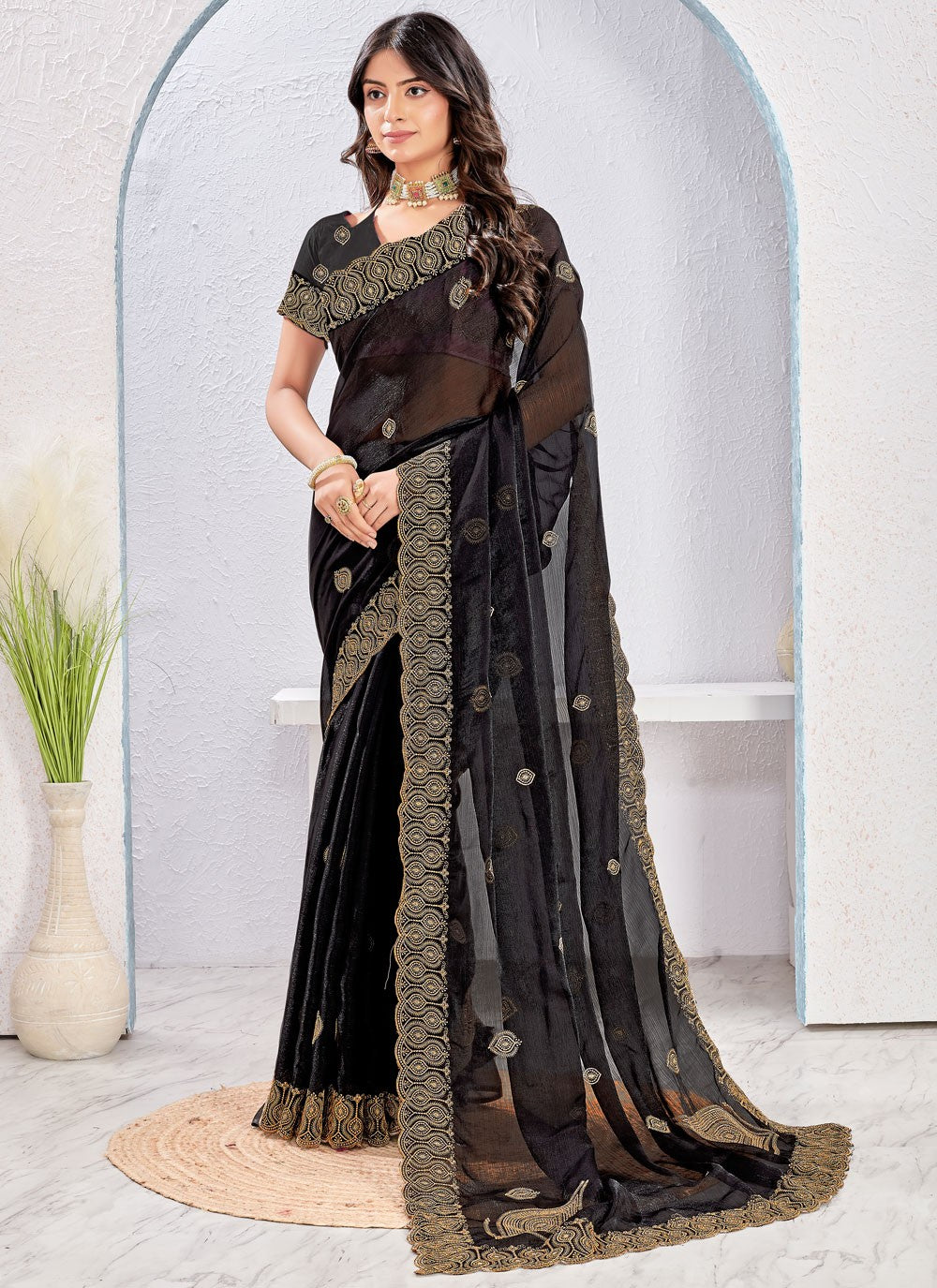 Black Fandy Classic Saree Embroidered, Zari S16876