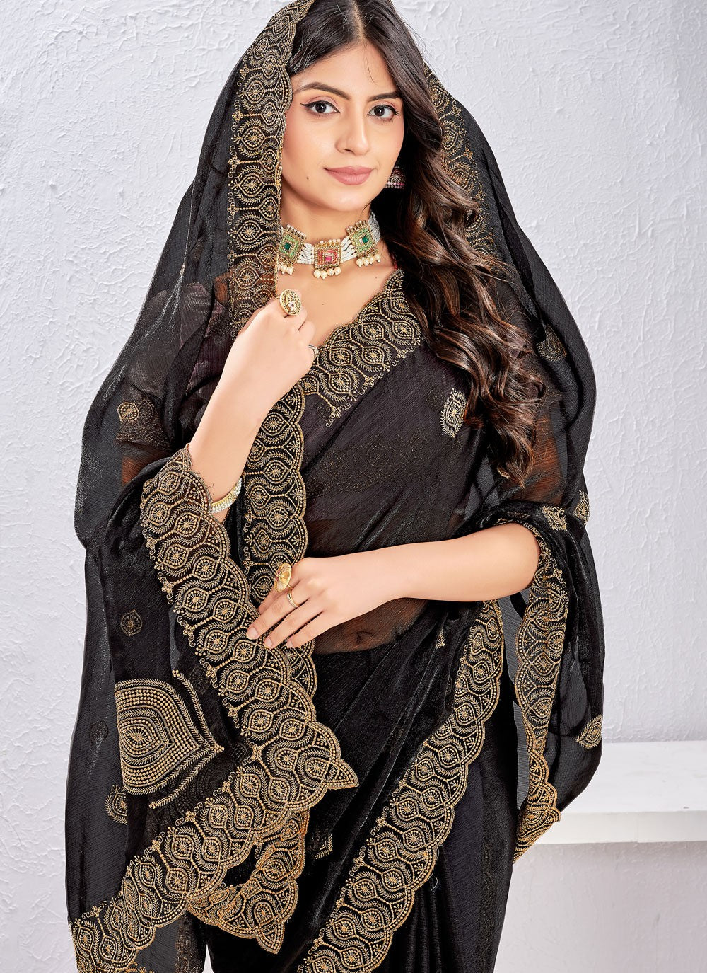 Black Fandy Classic Saree Embroidered, Zari S16876