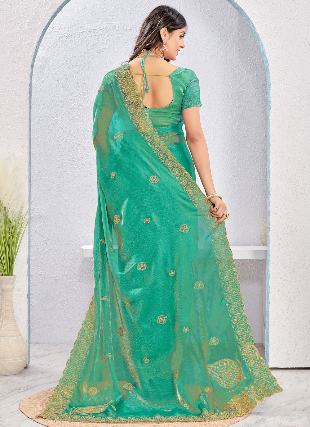 Green Fandy Trendy Saree Embroidered, Zari S16880