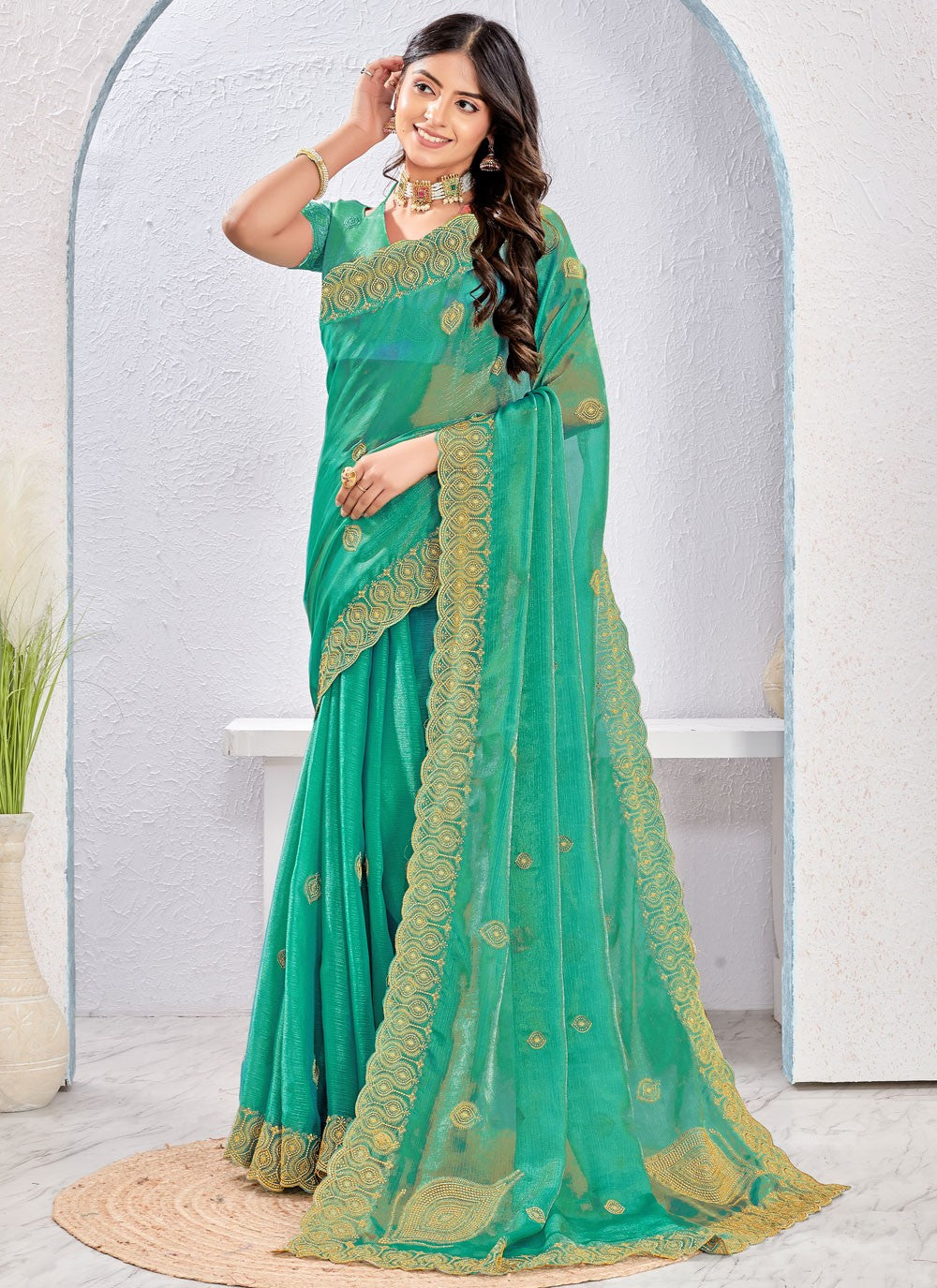 Green Fandy Trendy Saree Embroidered, Zari S16880