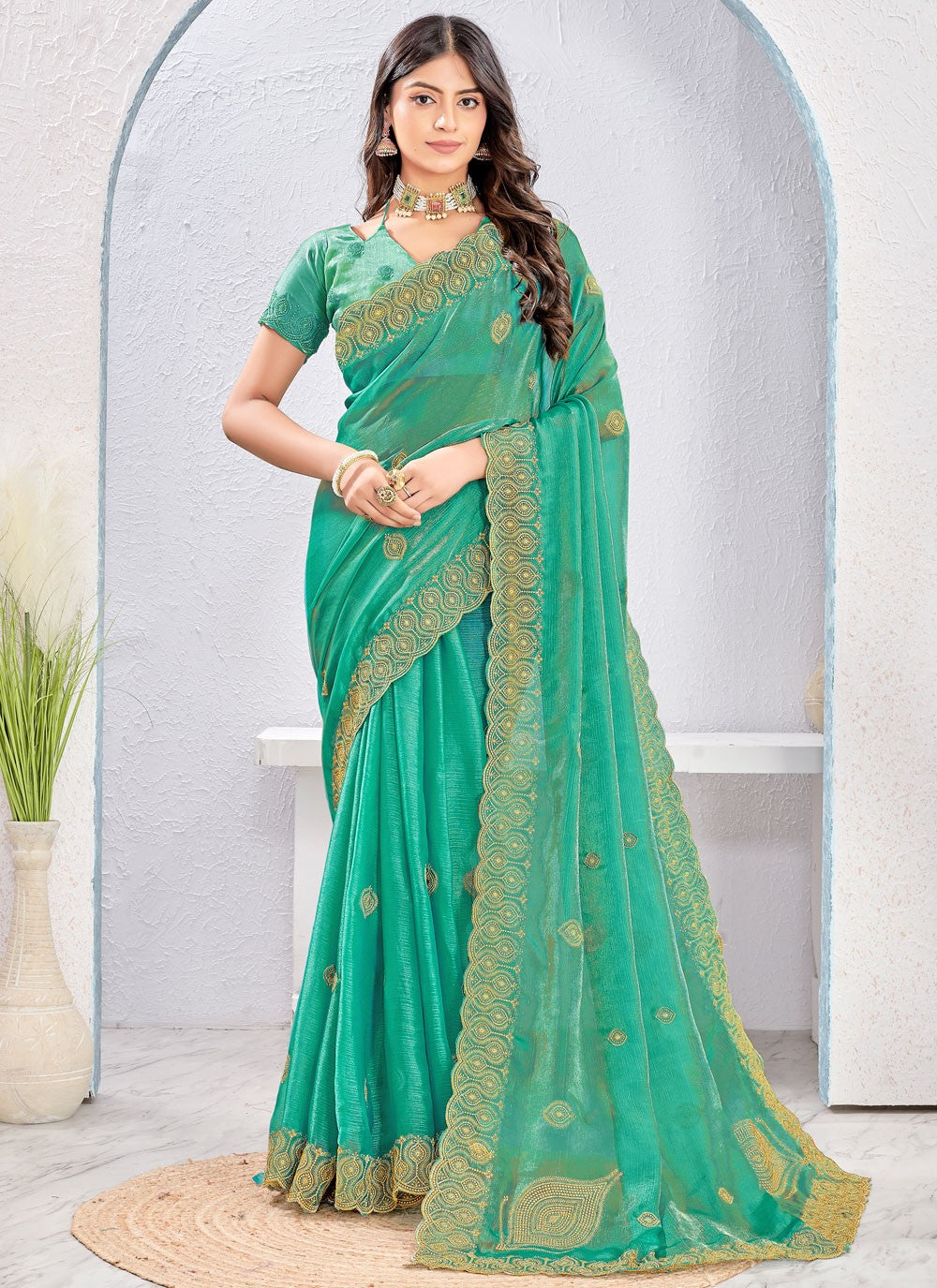 Green Fandy Trendy Saree Embroidered, Zari S16880