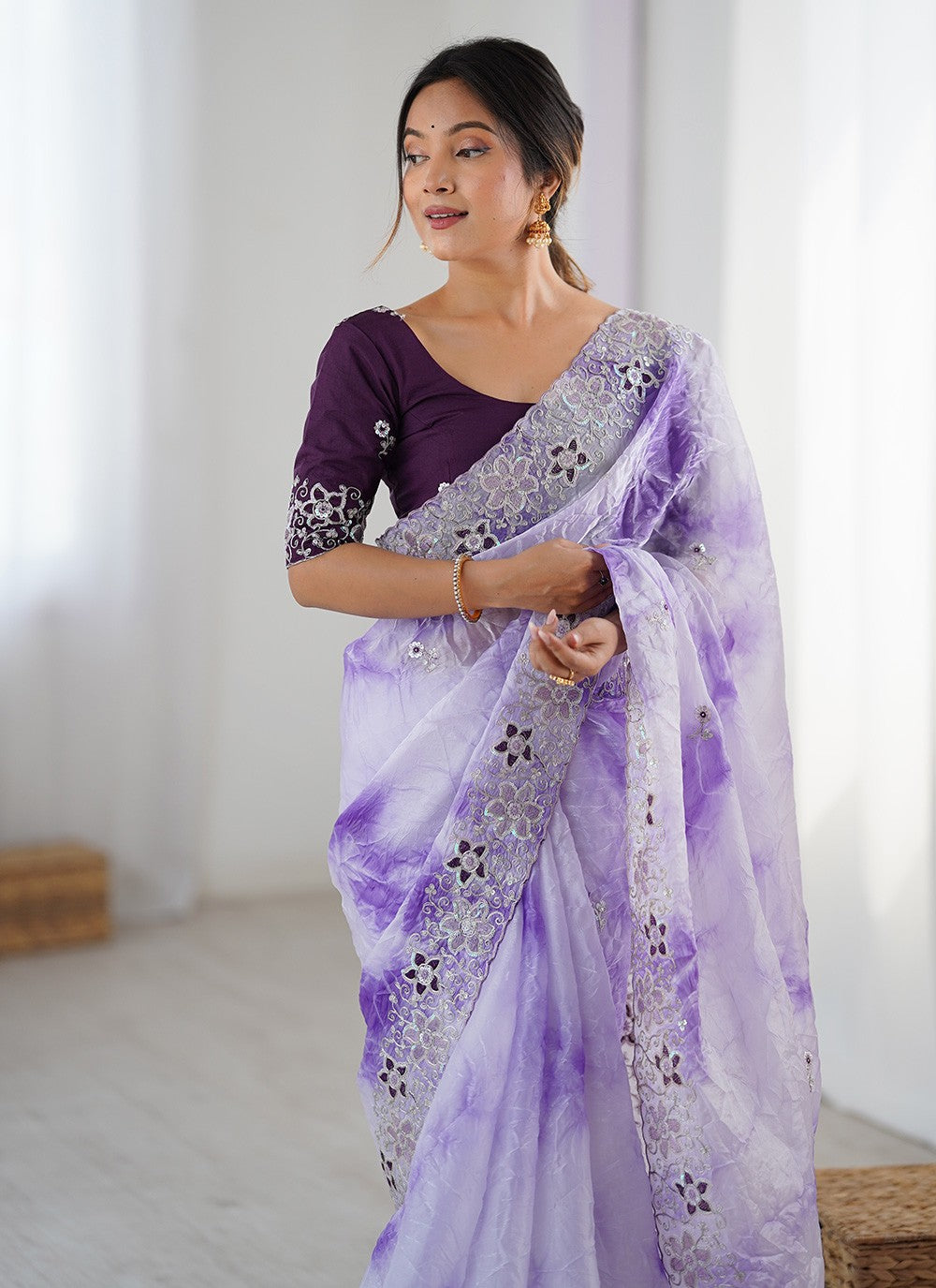 Lavender Fandy Classic Saree Embroidered, Printed, Sequins S20228