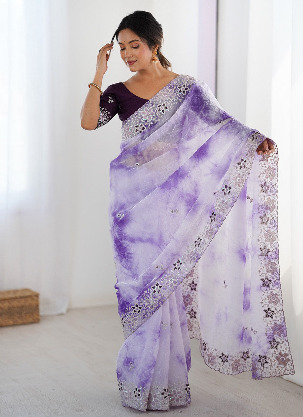 Lavender Fandy Classic Saree Embroidered, Printed, Sequins S20228