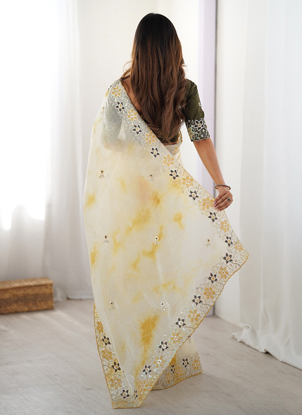 Yellow Fandy Contemporary Saree Embroidered, Printed, Sequins S20230