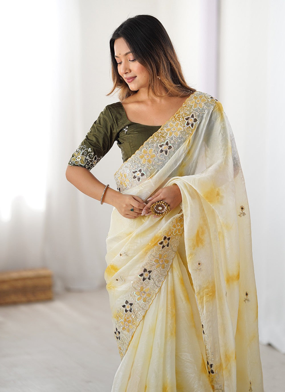 Yellow Fandy Contemporary Saree Embroidered, Printed, Sequins S20230