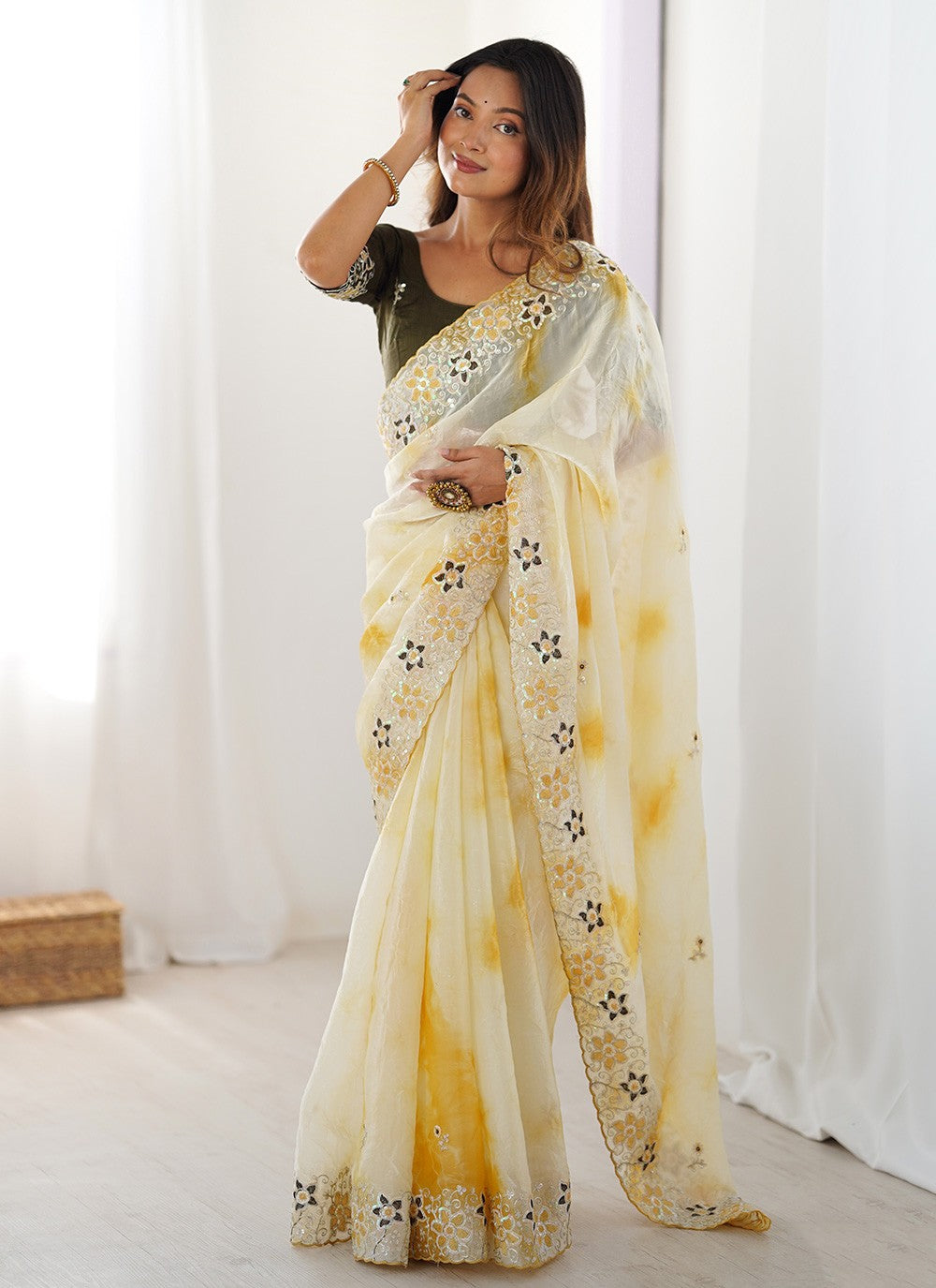 Yellow Fandy Contemporary Saree Embroidered, Printed, Sequins S20230