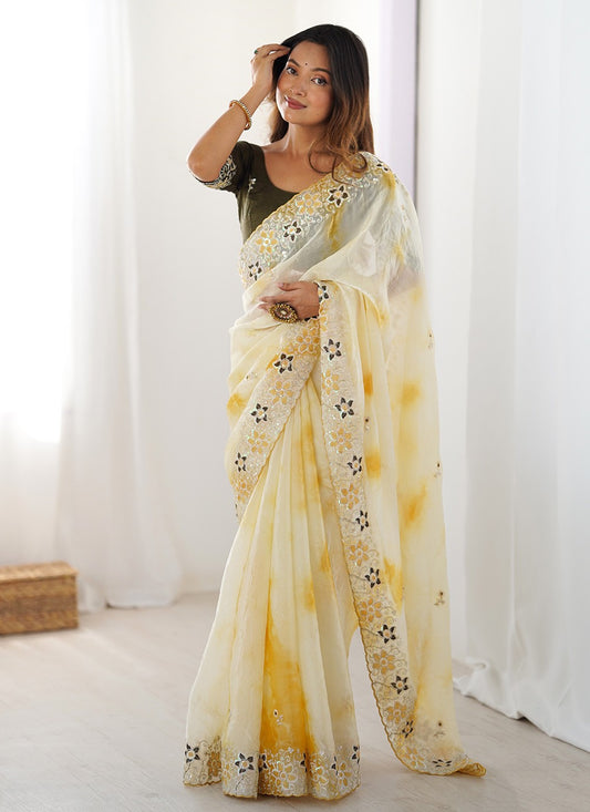 Yellow Fandy Contemporary Saree Embroidered, Printed, Sequins S20230