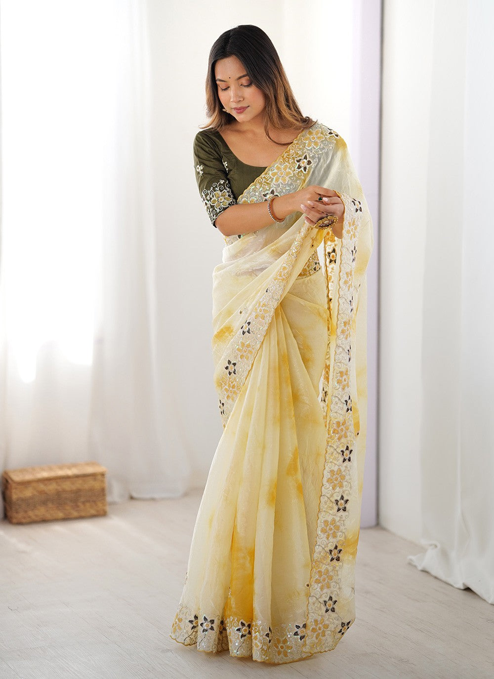 Yellow Fandy Contemporary Saree Embroidered, Printed, Sequins S20230
