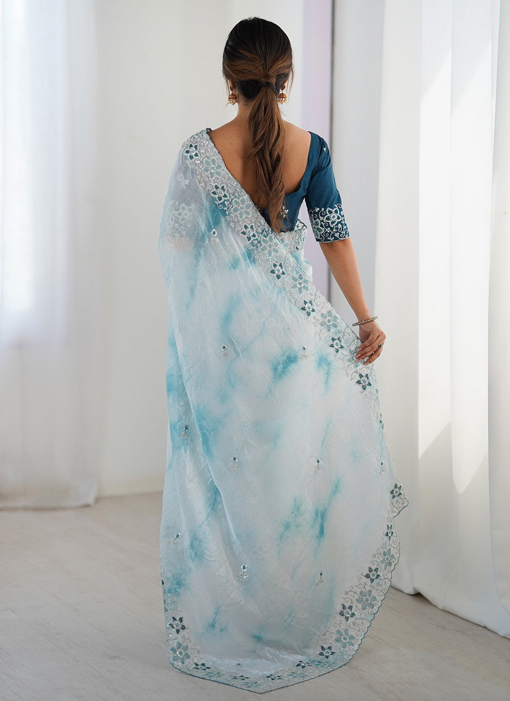 Aqua Blue Fandy Trendy Saree Embroidered, Printed, Sequins S20229