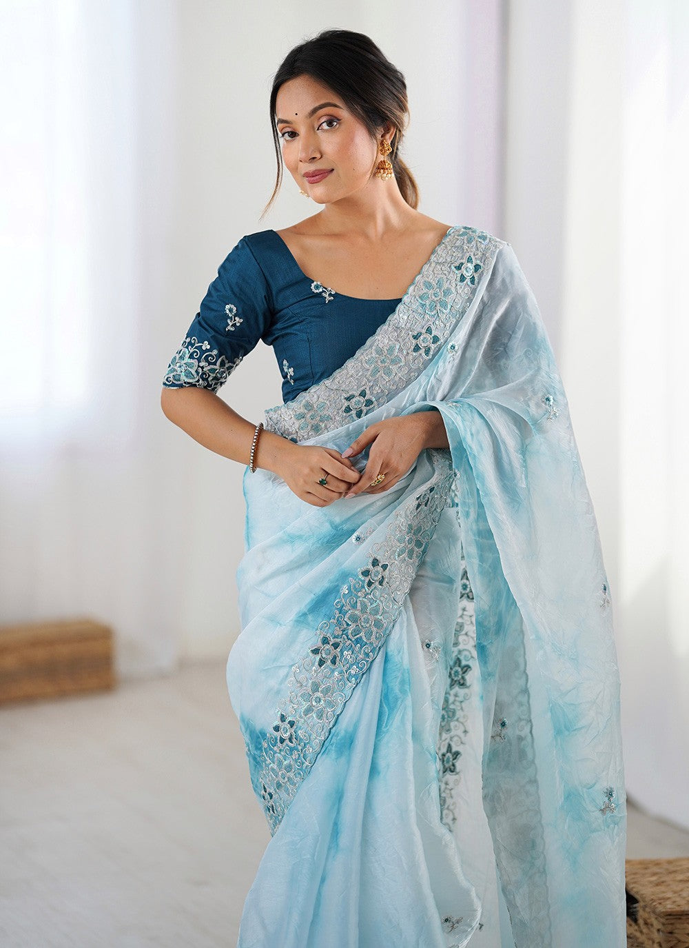 Aqua Blue Fandy Trendy Saree Embroidered, Printed, Sequins S20229