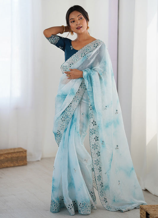 Aqua Blue Fandy Trendy Saree Embroidered, Printed, Sequins S20229