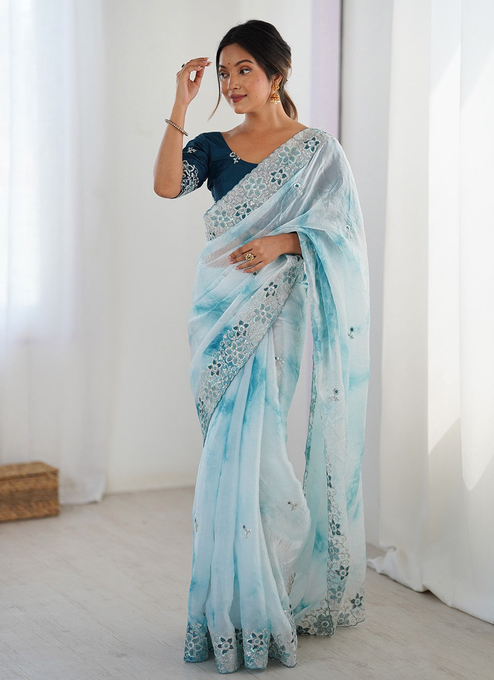 Aqua Blue Fandy Trendy Saree Embroidered, Printed, Sequins S20229