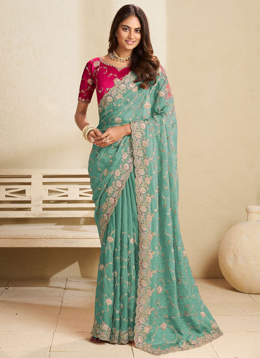 Blue Fandy Traditional Saree Cord, Stones, Thread, Zari S18851