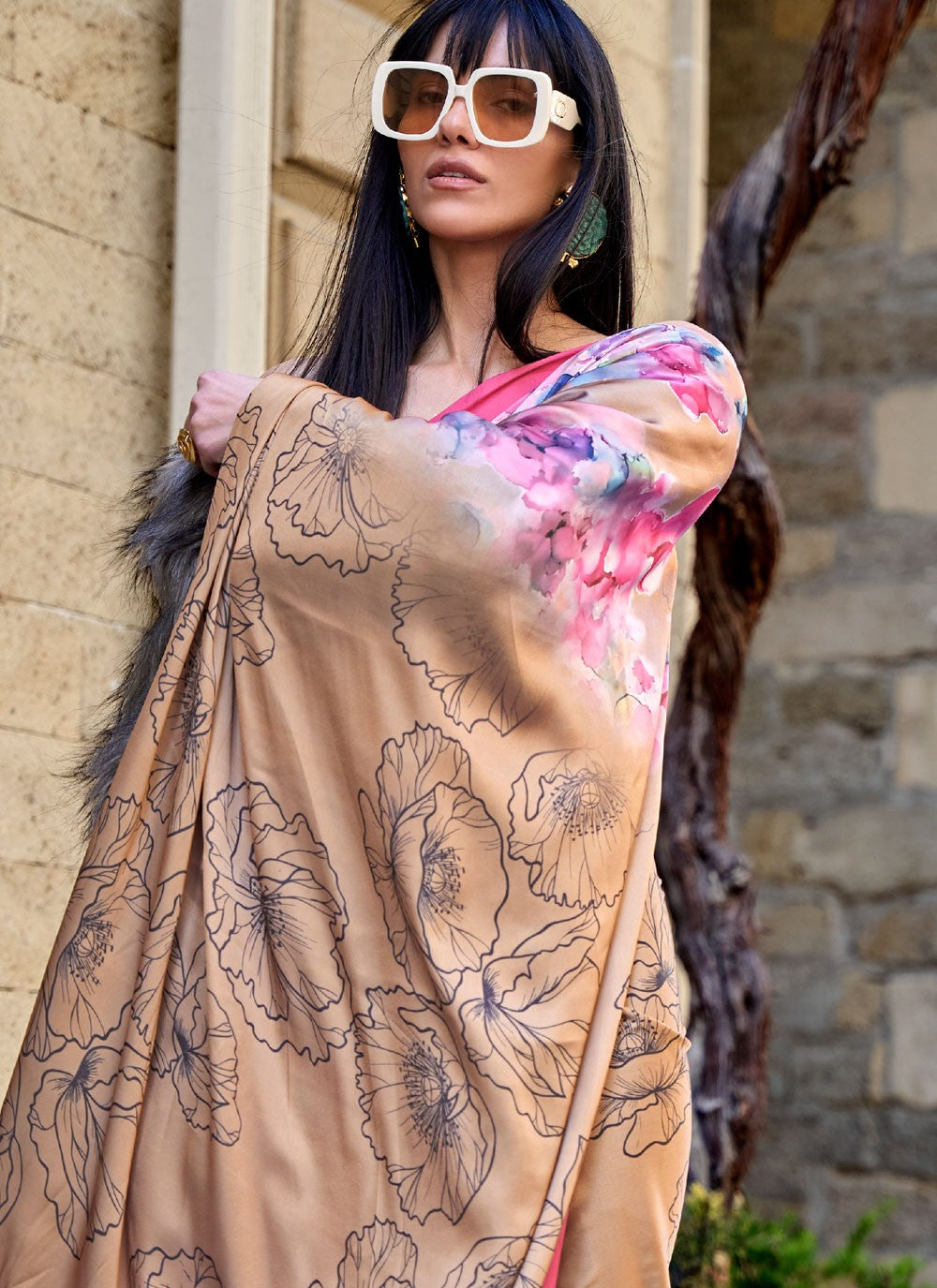 Classic Digital Print Faux Crepe, Satin Saree - S4169