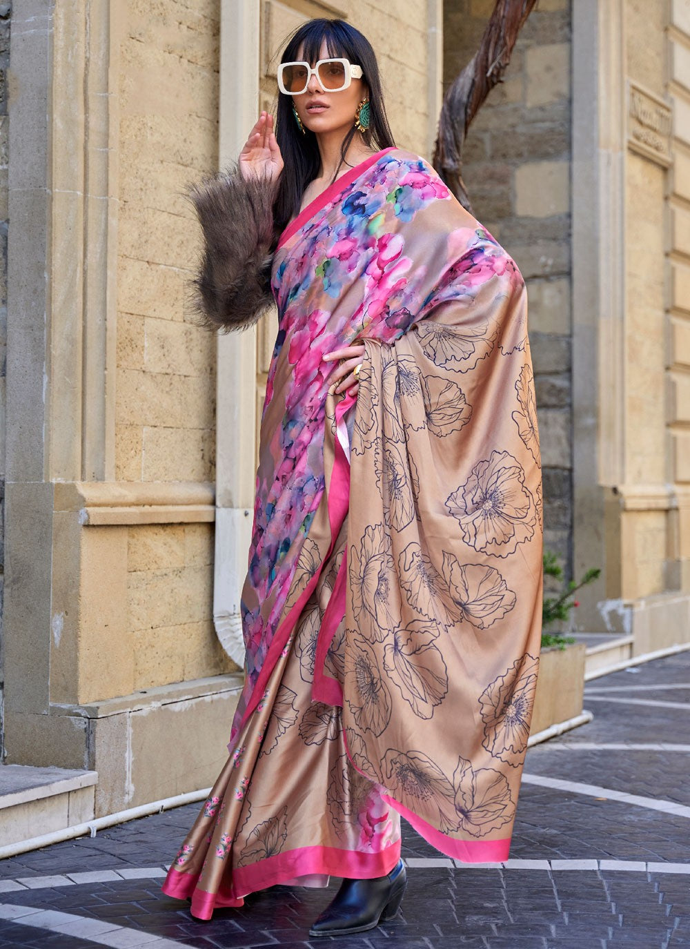 Classic Digital Print Faux Crepe, Satin Saree - S4169