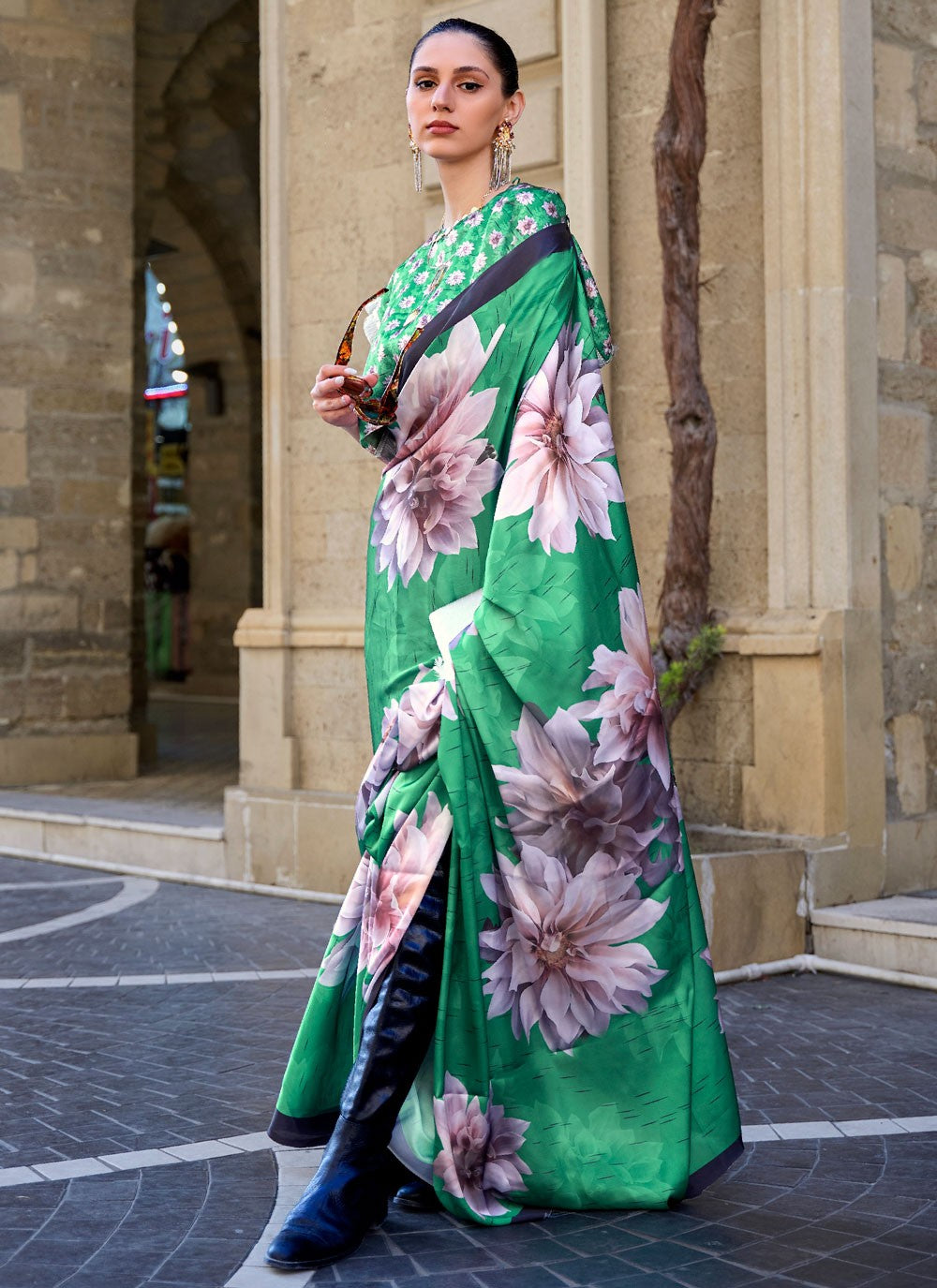 Classic Digital Print Faux Crepe, Satin Saree - S4169