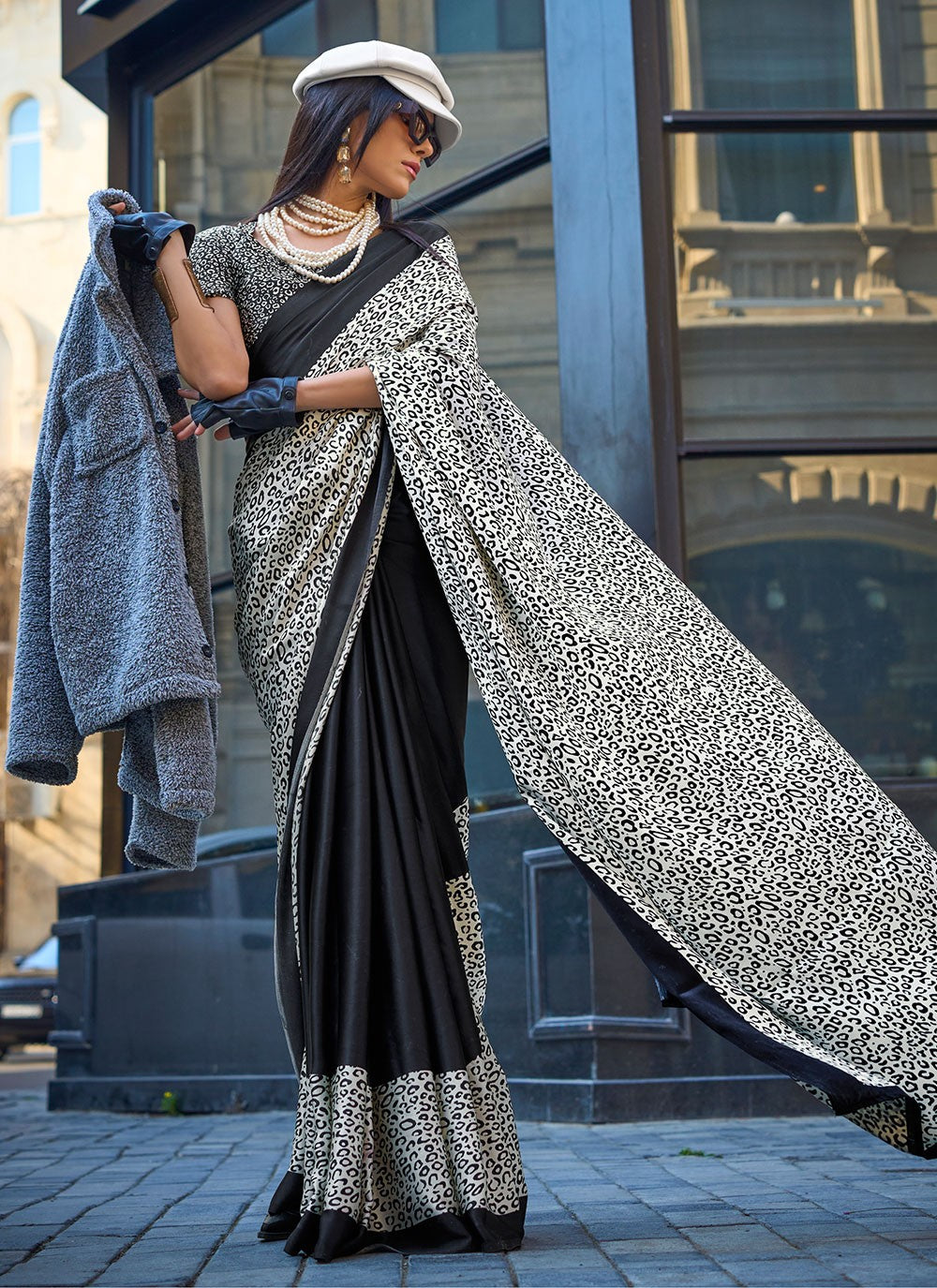 Classic Printed Faux Crepe, Satin Saree - S6040