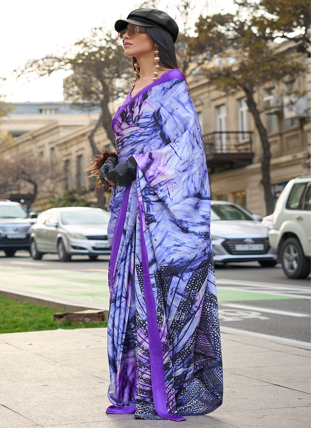 Classic Printed Faux Crepe, Satin Saree - S6040