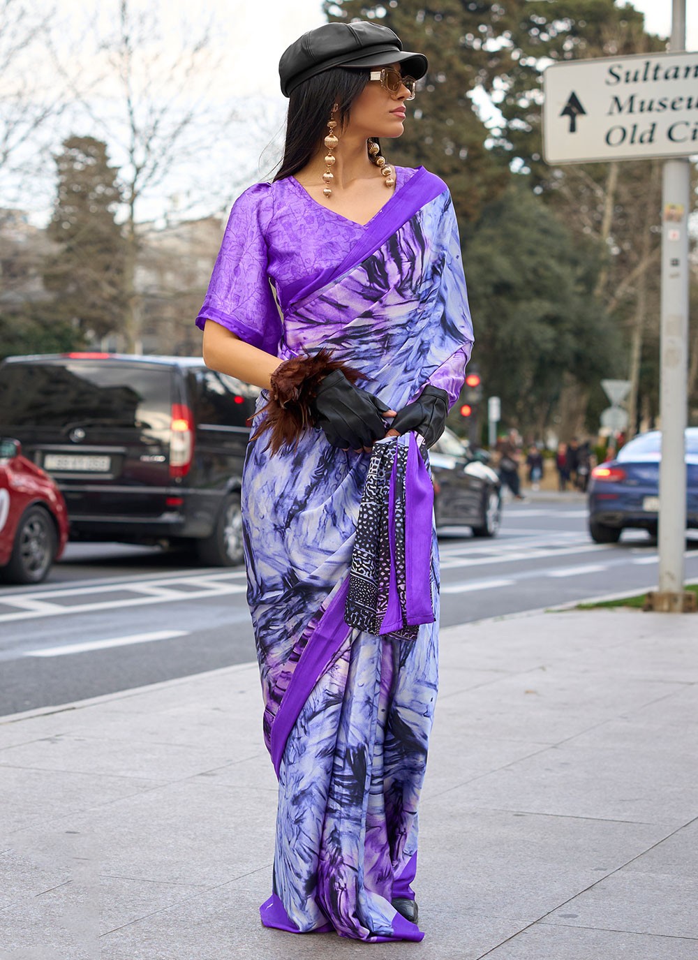 Classic Printed Faux Crepe, Satin Saree - S6040