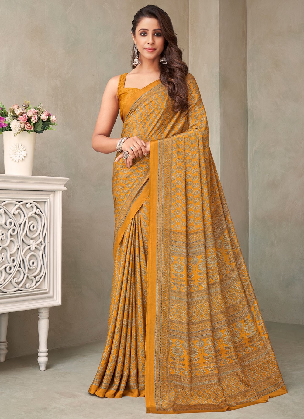 Classic Printed Faux Crepe, Silk Saree - S2605