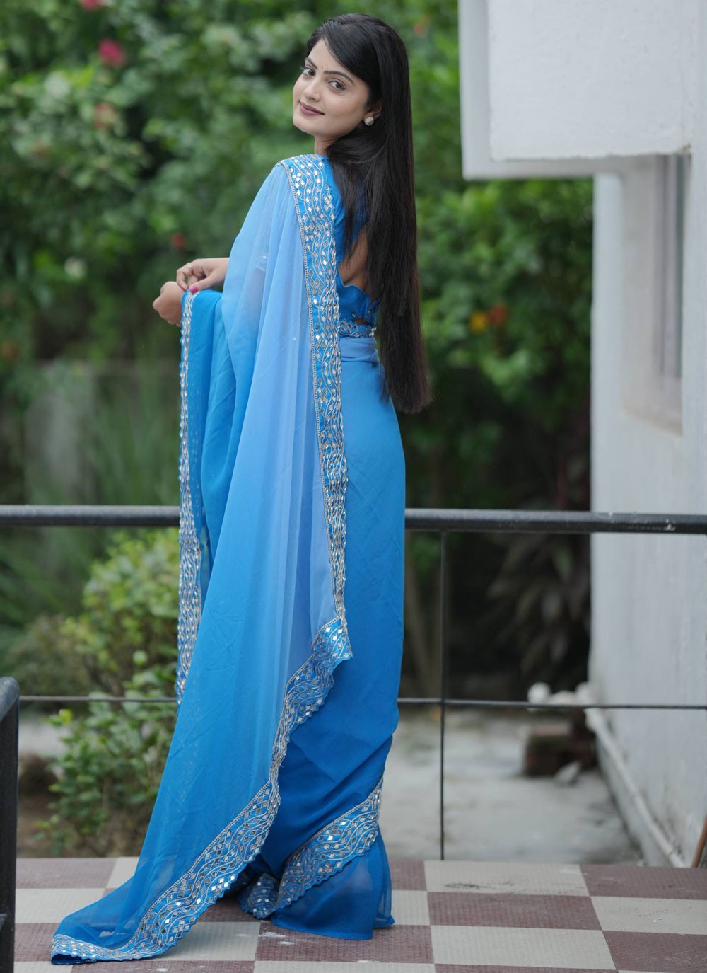 Aqua Blue Faux Georgette Contemporary Saree Embroidered, Lace, Mirror S20463