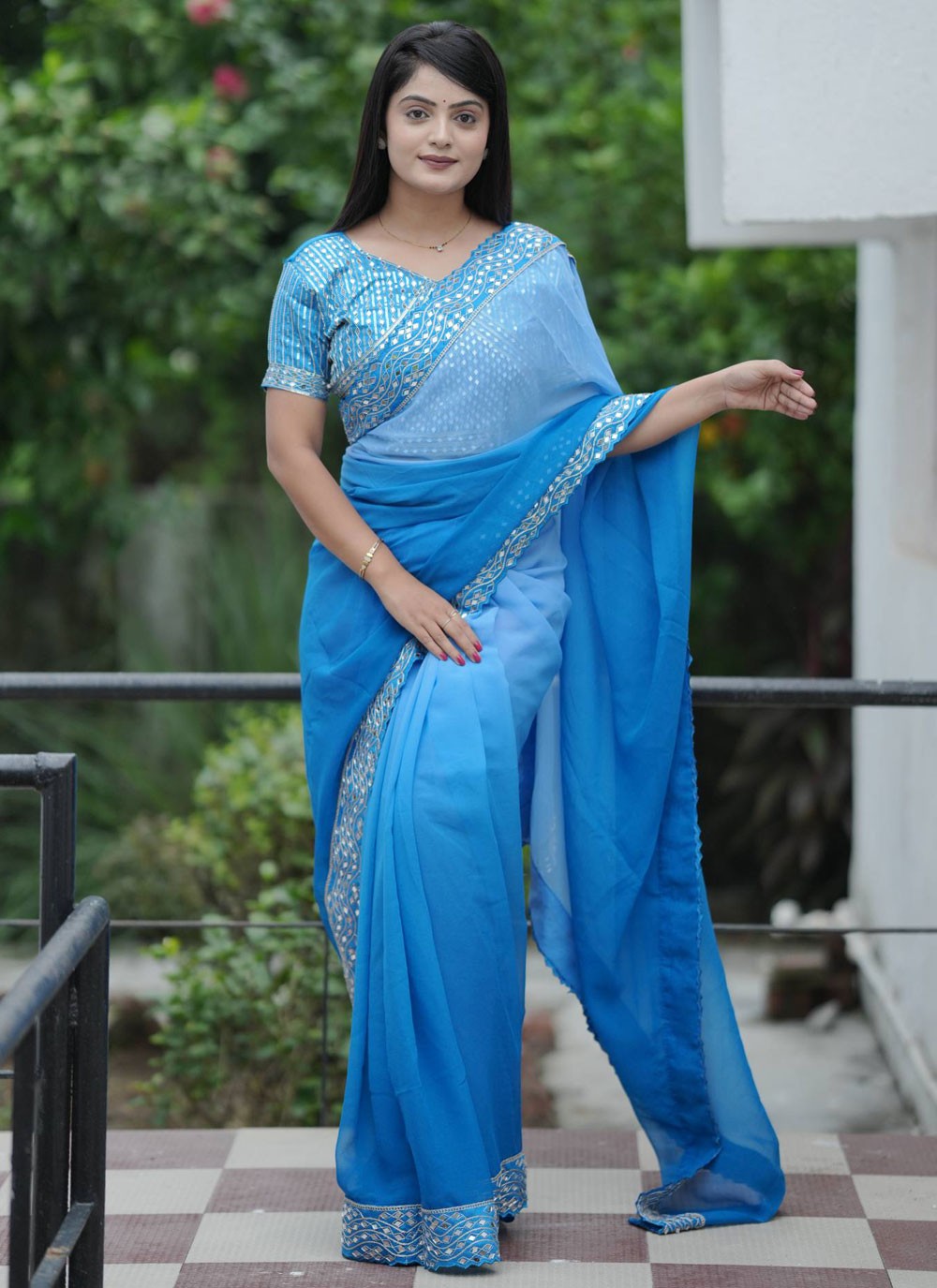 Aqua Blue Faux Georgette Contemporary Saree Embroidered, Lace, Mirror S20463