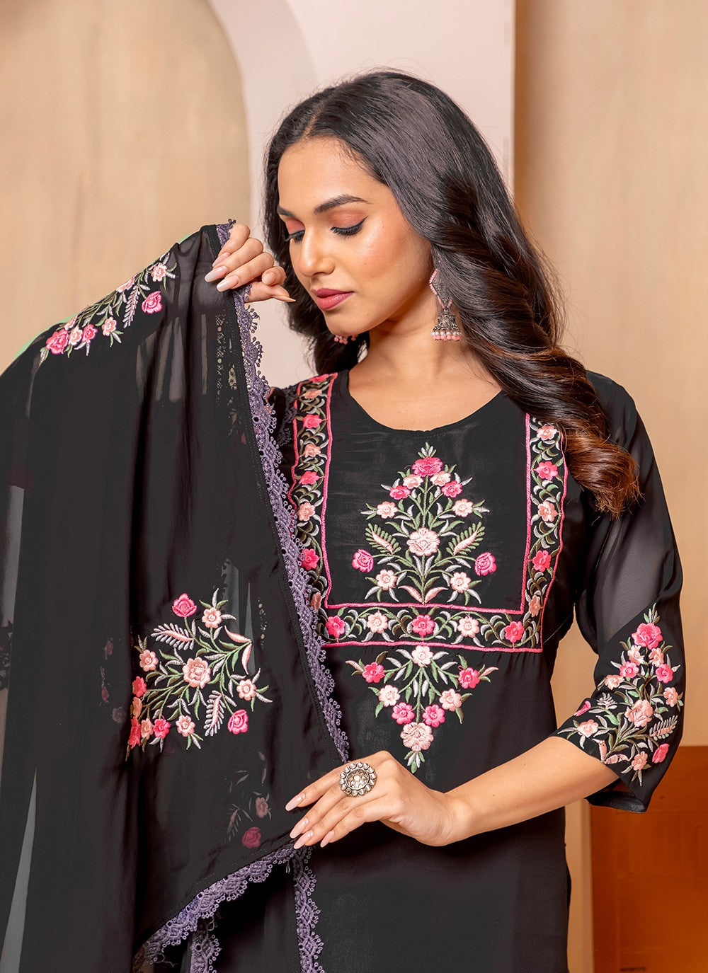 Salwar Suit Embroidered Black Faux Georgette T5030