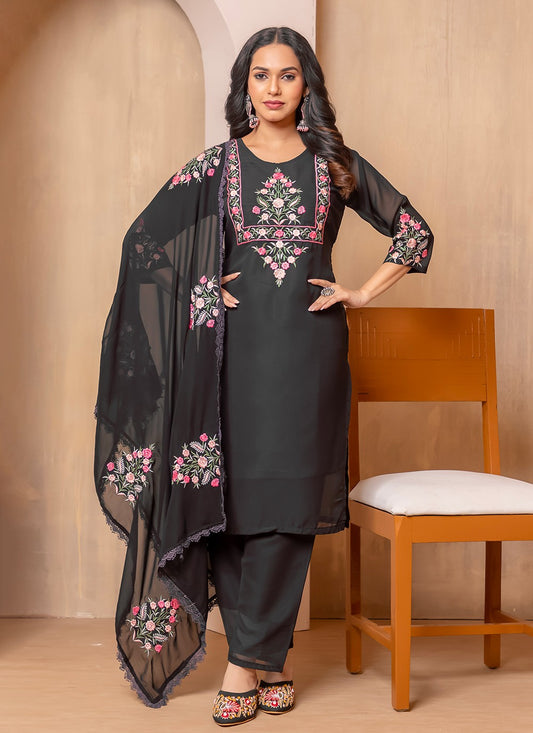 Salwar Suit Embroidered Black Faux Georgette T5030