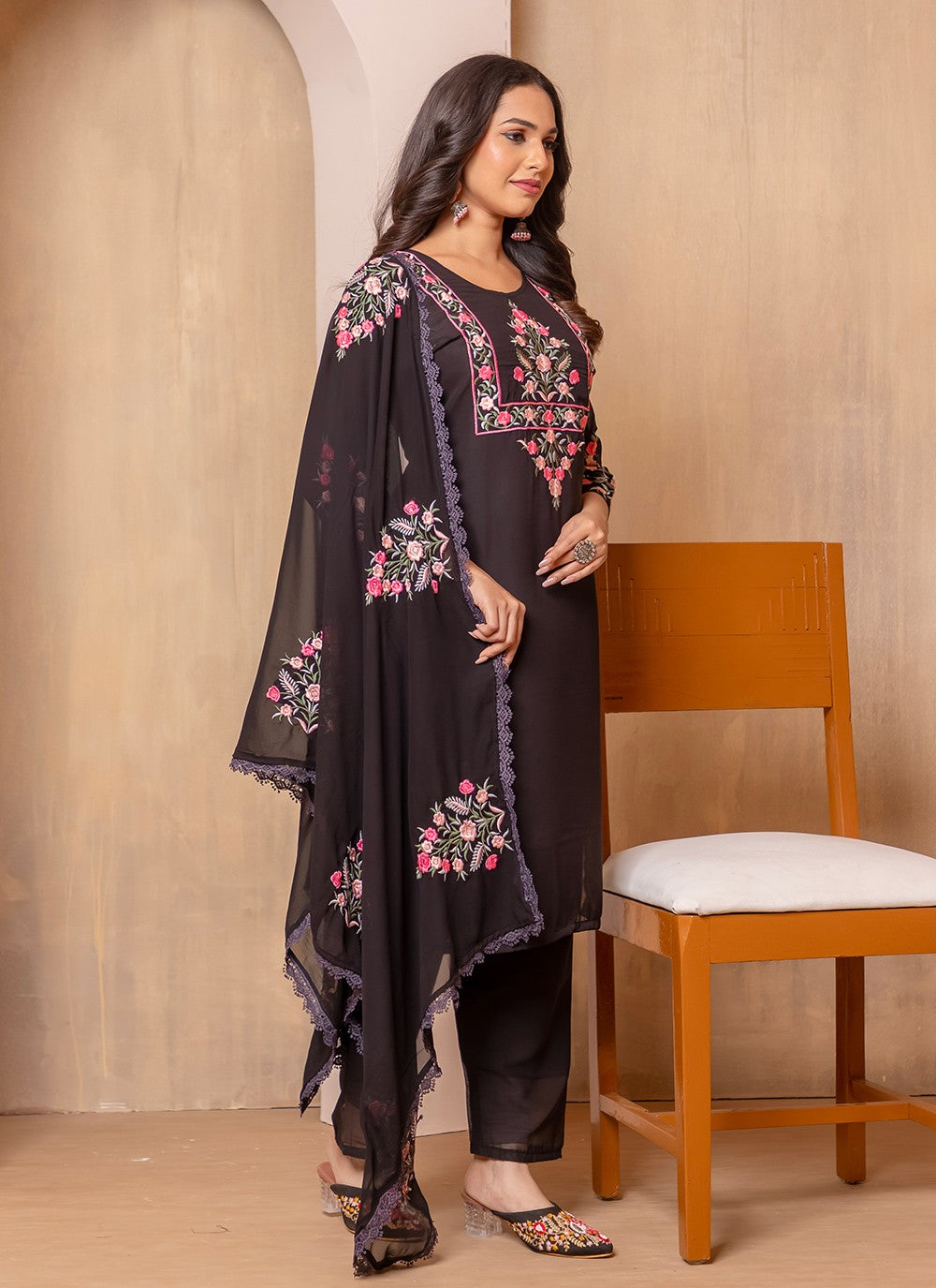 Salwar Suit Embroidered Black Faux Georgette T5030