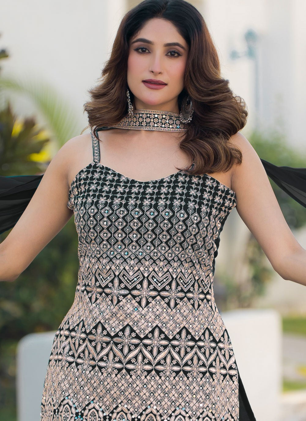 Embroidered Faux Georgette Black Sharara Suit T6342