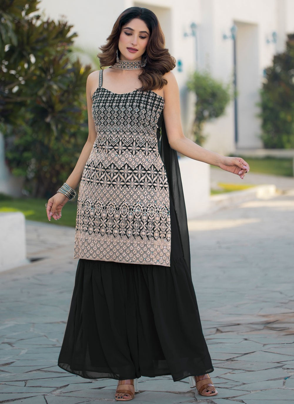 Embroidered Faux Georgette Black Sharara Suit T6342