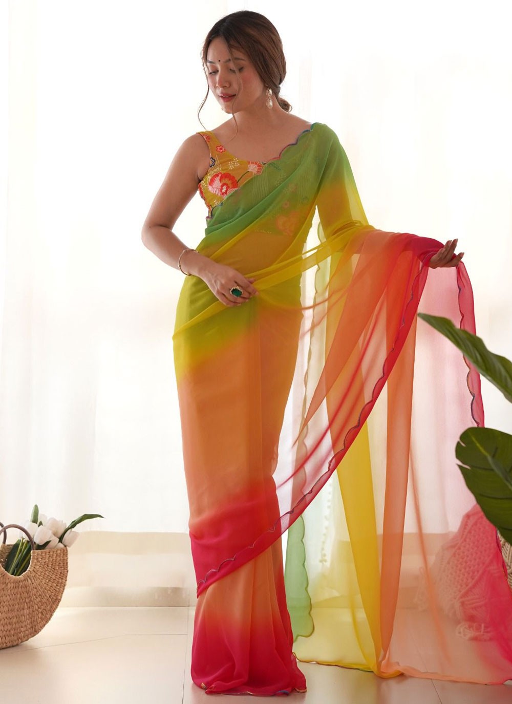 Shaded Border Work Faux Georgette Saree - S7681