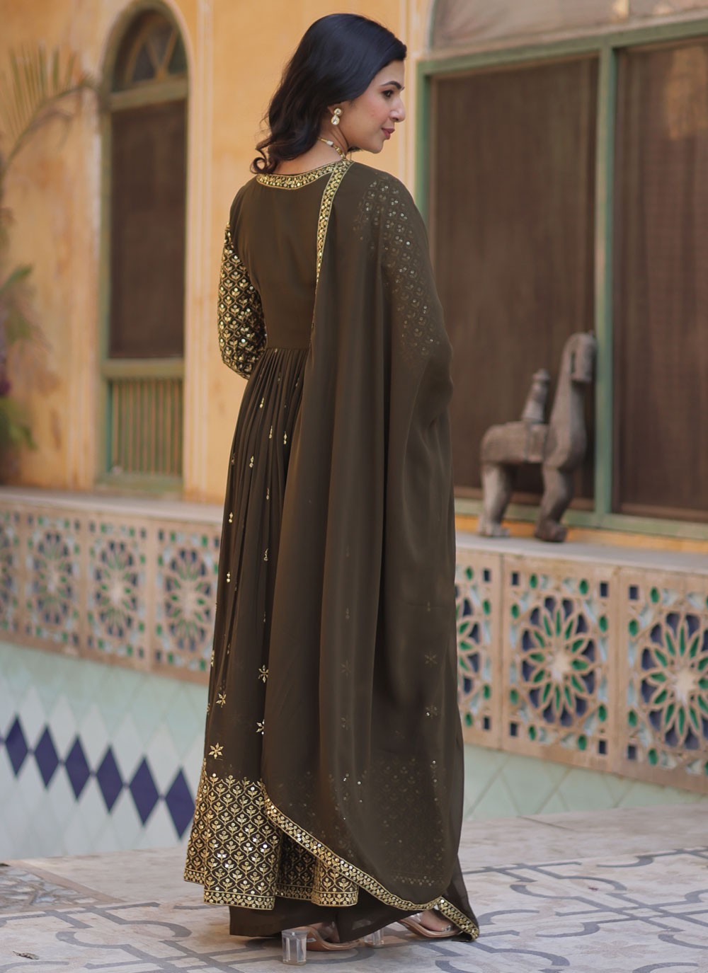 Salwar Suit Embroidered Brown Faux Georgette T5886