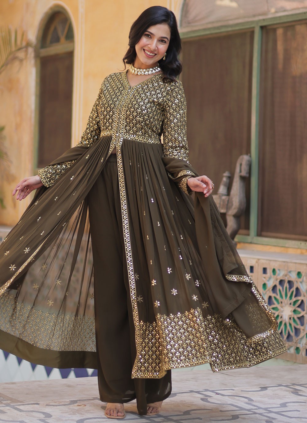 Salwar Suit Embroidered Brown Faux Georgette T5886