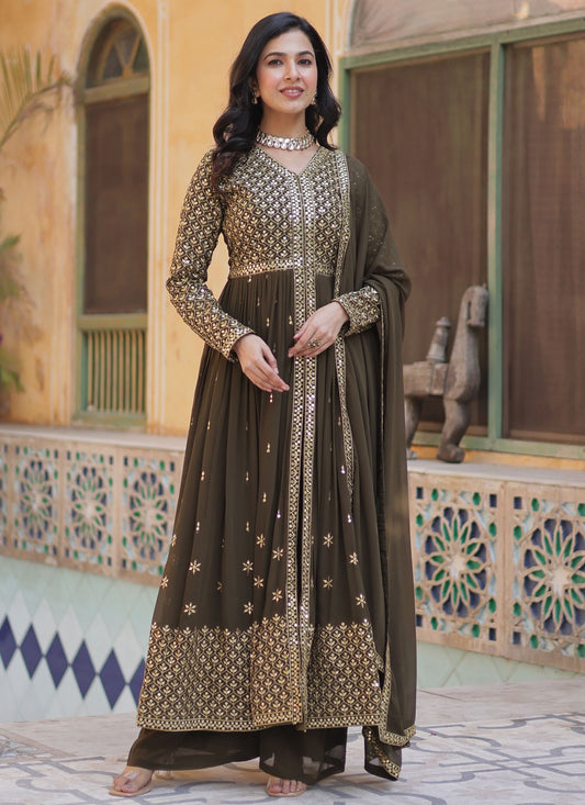 Salwar Suit Embroidered Brown Faux Georgette T5886