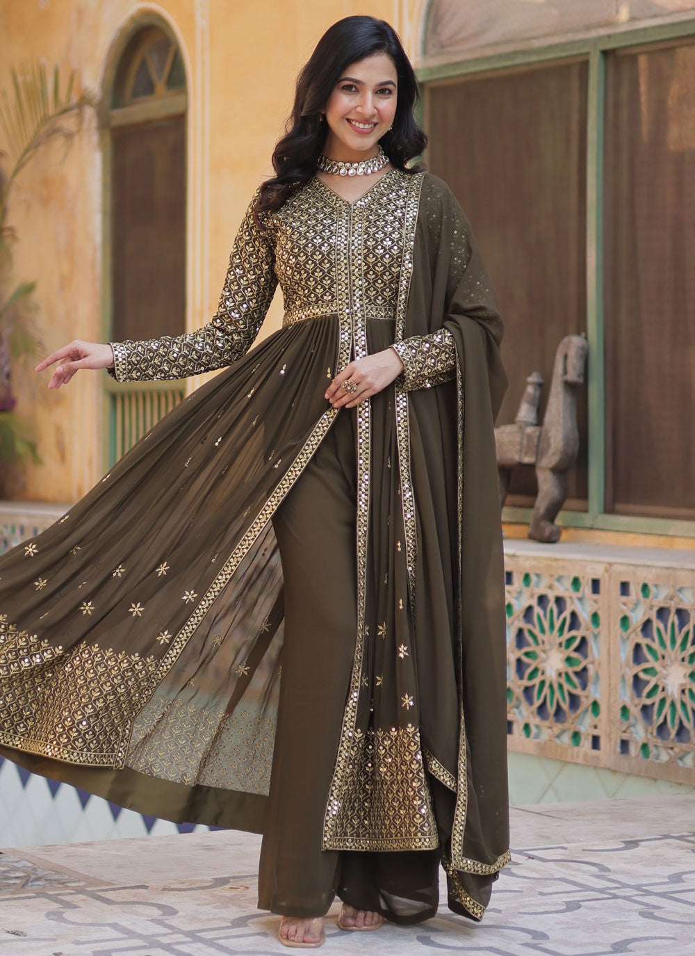 Salwar Suit Embroidered Brown Faux Georgette T5886