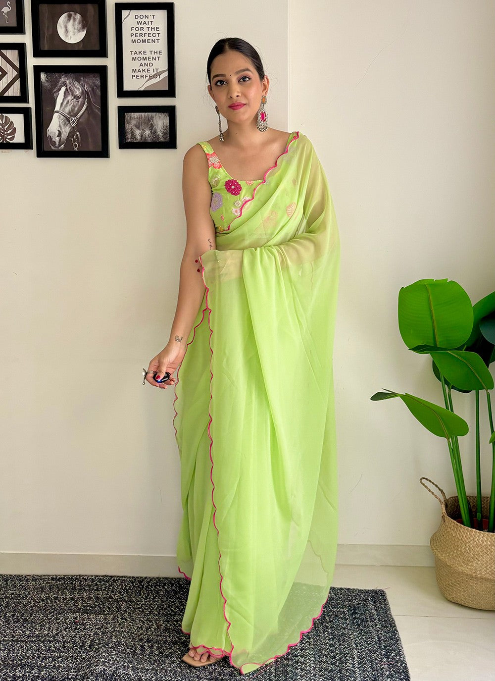 Traditional Border Work Faux Georgette Saree - S7576