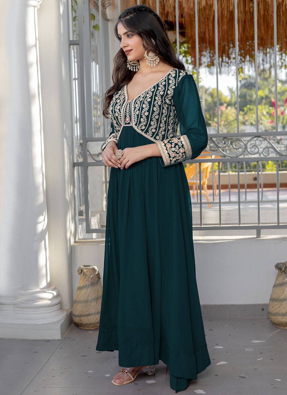 Embroidered Faux Georgette Green Gown G1948