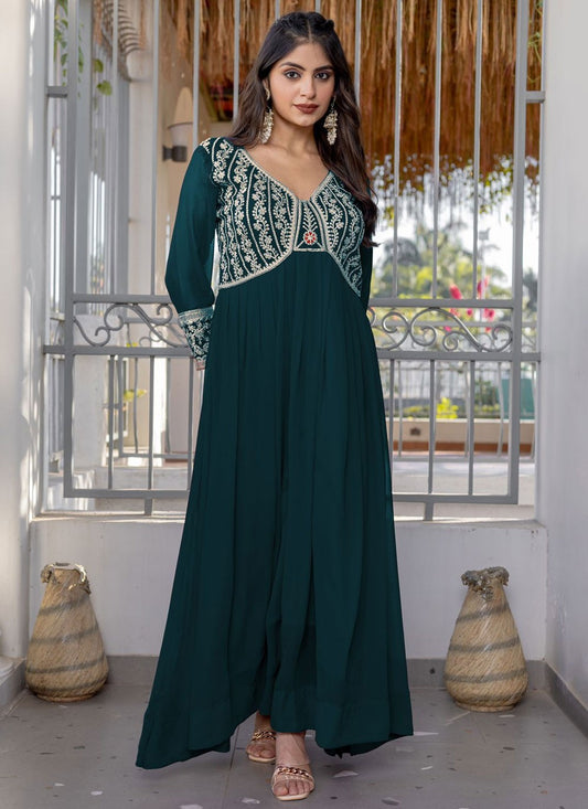 Embroidered Faux Georgette Green Gown G1948