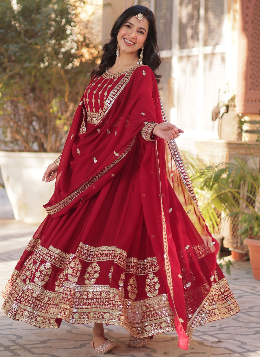 Embroidered Faux Georgette Red Gown G19787