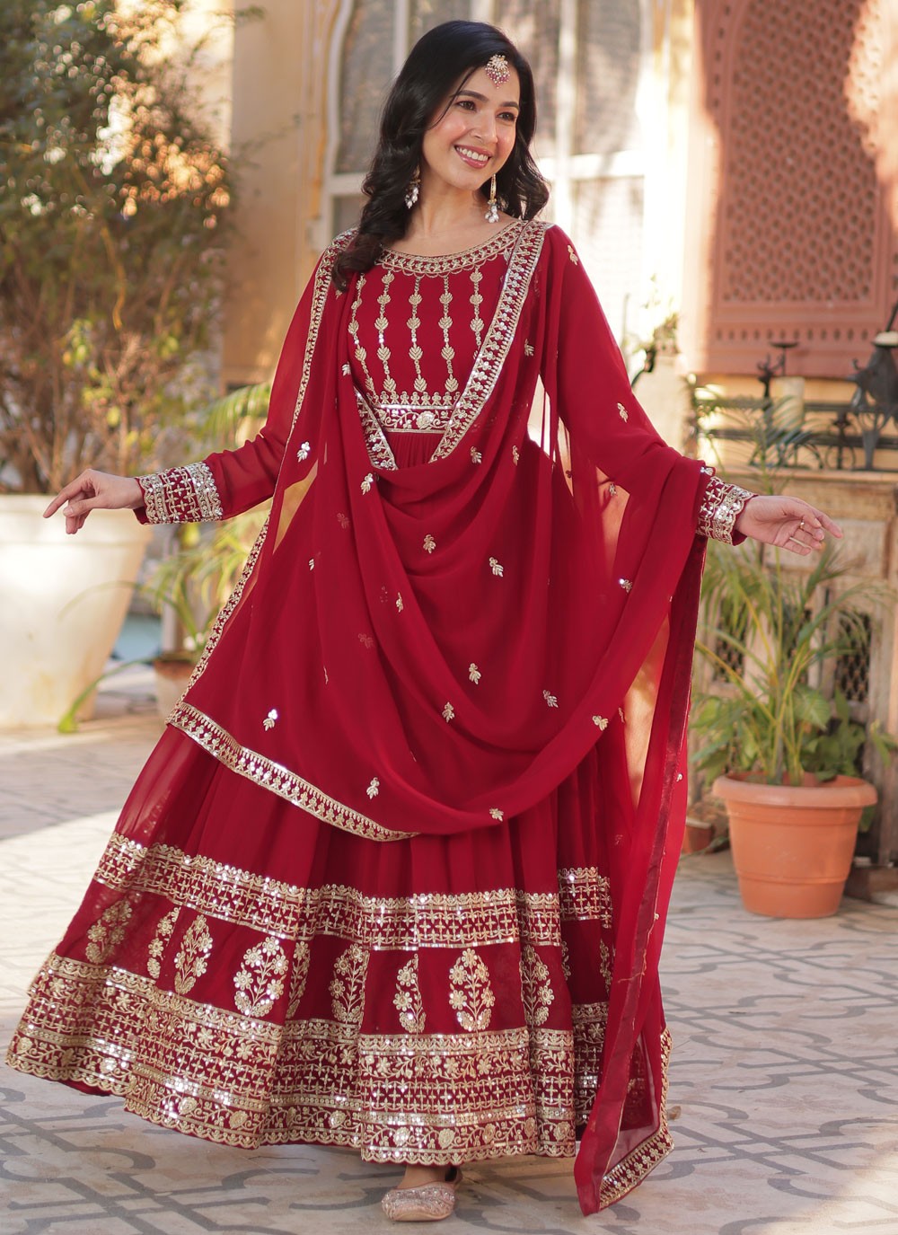 Embroidered Faux Georgette Red Gown G19787