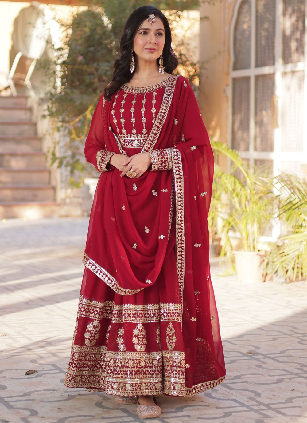 Embroidered Faux Georgette Red Gown G19787
