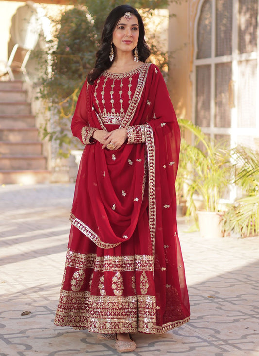 Embroidered Faux Georgette Red Gown G19787